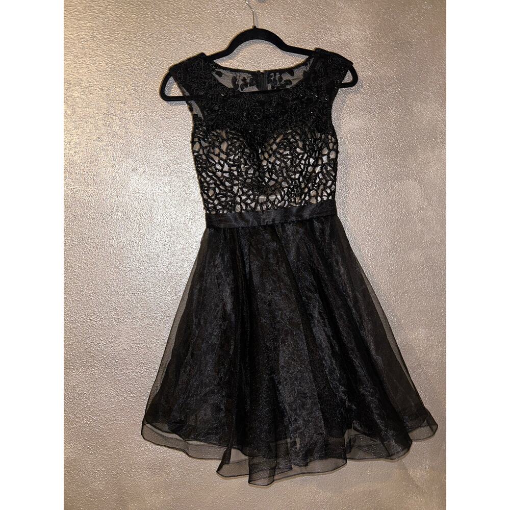 Tiffany Homecoming Prom Black Nude Beaded  #27218 Cap Sleeves Cocktail Dress